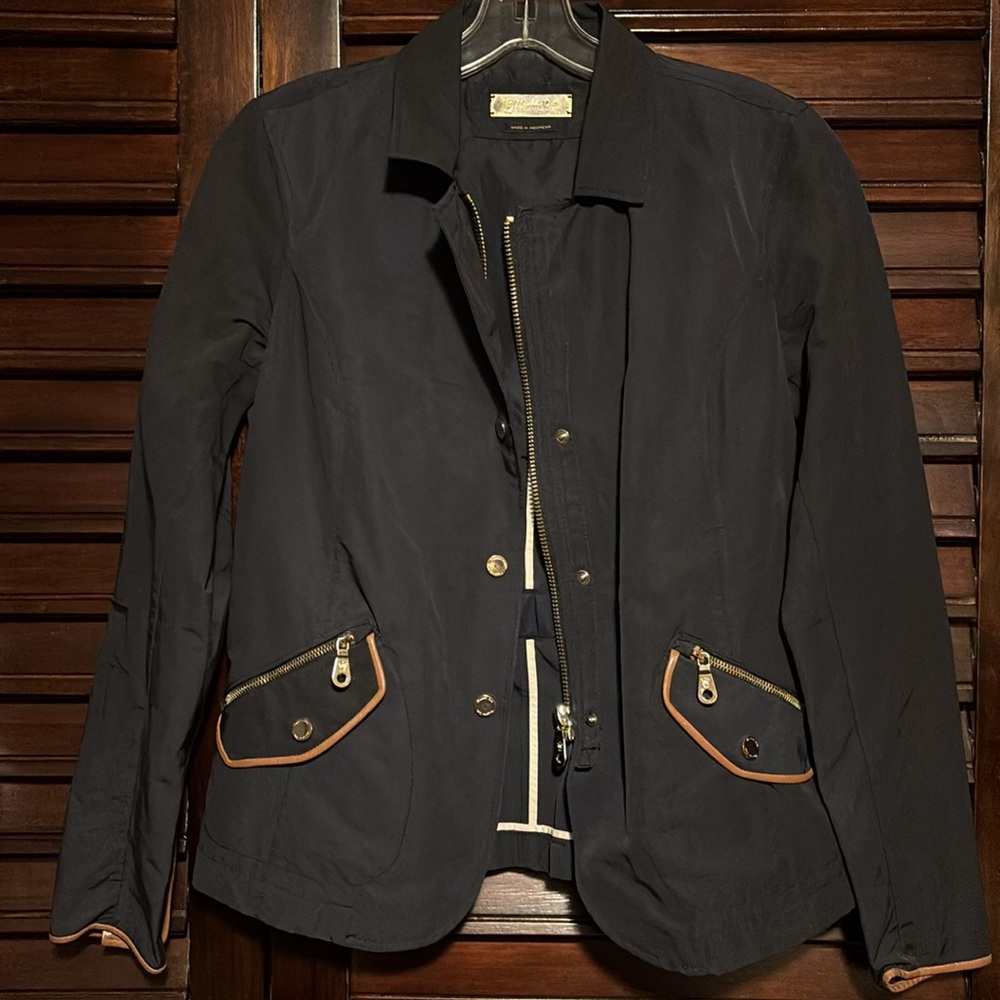 Massimo Dutti Women's Black Jacket with Tan Trim
